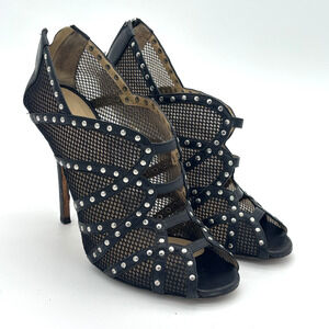 Jimmy Choo Black Mesh Leather Studded Caged Peep Toe Bootie EU 38 US 8